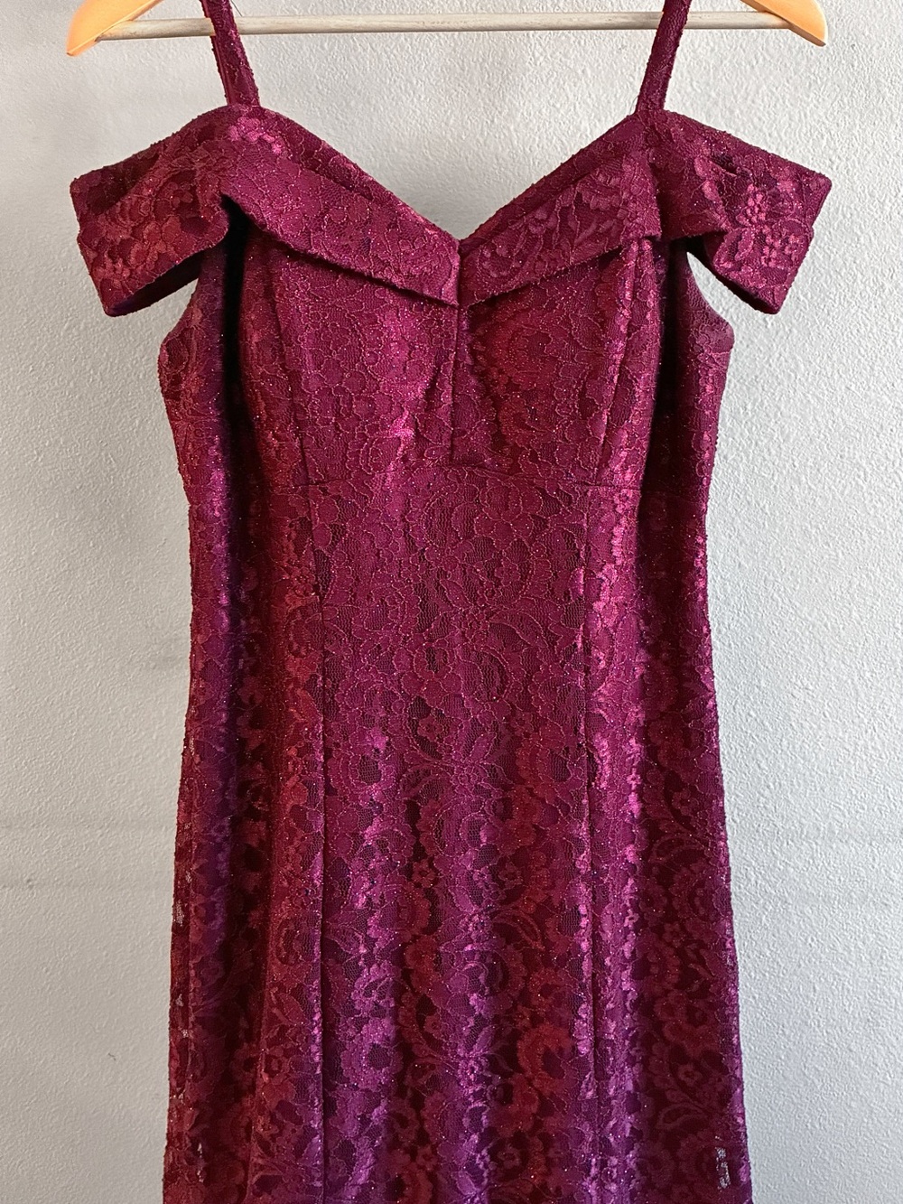 David's Bridal, R & M Richards Full length Burgundy Lace Gown with straps